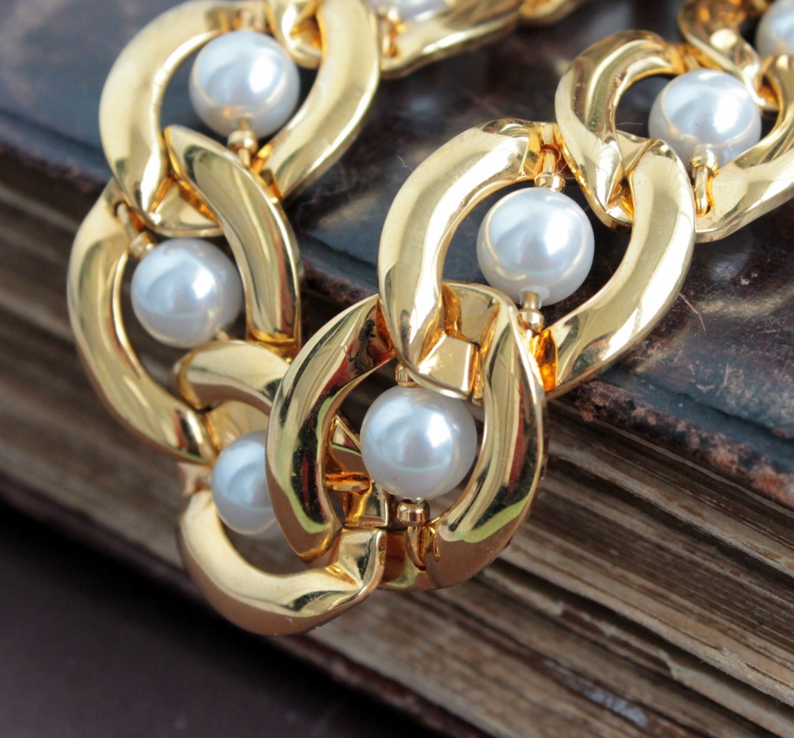 Vintage Napier bracelet gold Pearl curb link chain bracelet Etsy