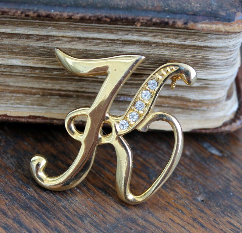 Vintage Letter K Rhinestone Initial Brooch Pin Gold Tone Costume ...