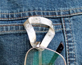Vintage textured glasses holder dress clip signed Lieba USA Triangle  eyeglass holder pin silver tone Scarf clip