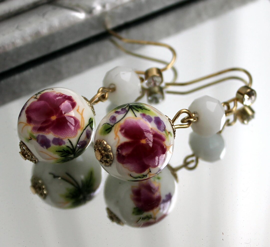 Vintage Chinese Hand Painted Porcelain Earrings Rhinestone Pink White ...