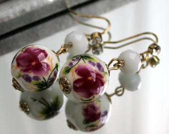 Vintage chinese hand painted porcelain earrings Rhinestone pink white bead dangle earrings gold tone Romantic jewelry gift for wife