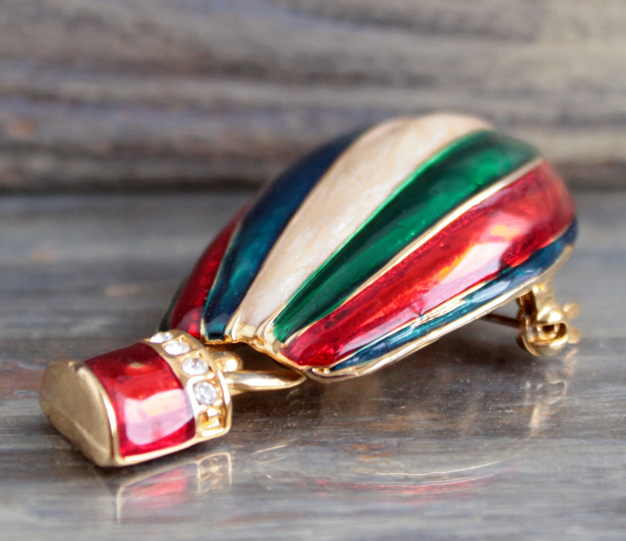 Vintage Rhinestone Hot Air Balloon Drooch Red Green Blue White Aerostat ...