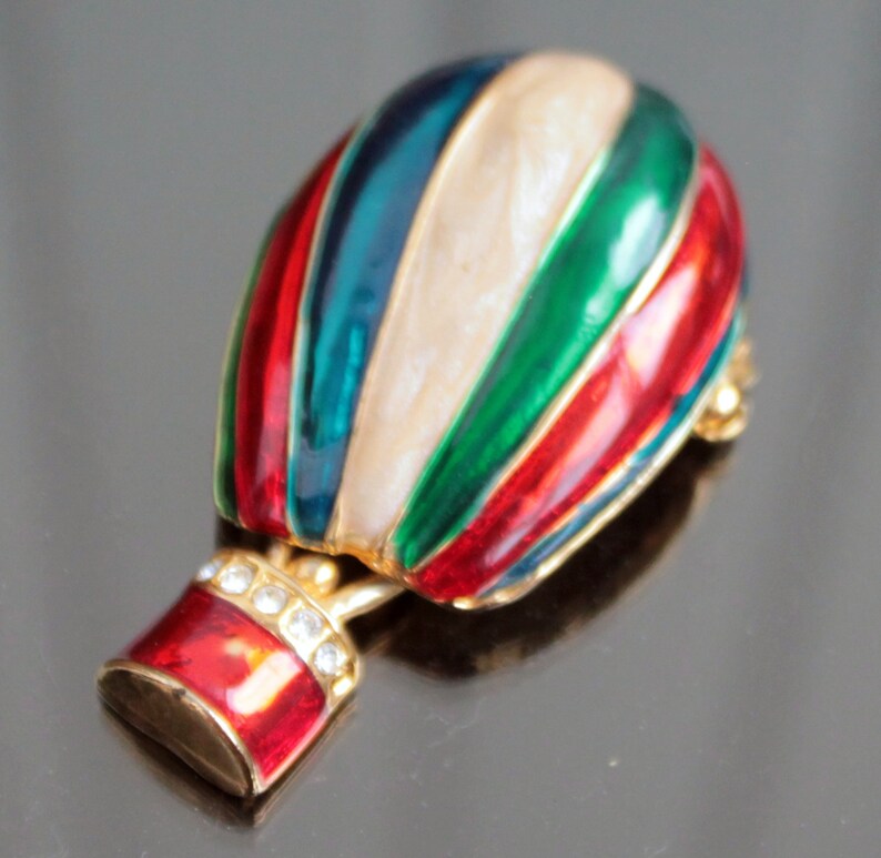 Vintage Rhinestone Hot Air Balloon Drooch Red Green Blue White Aerostat ...