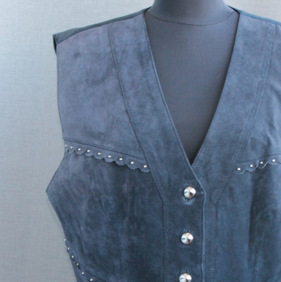 Vintage Dark Blue Leather Vest Women Size L XL Button up Etsy
