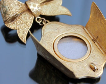 Vintage MIRIAM HASKELL bow brooch locket gold tone Anniversary jewelry locket gift for wife