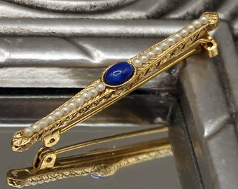 Vintage Bar Brosche Gold Ton Blau Emaille und Samenperle Stab Anstecknadel Art Deco Modeschmuck Hochzeit Bräutigam Geschenk