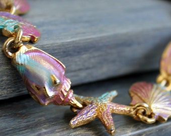 Vintage enamel starfish and rainbow shell bracelet Bisexual jewelry Beach theme bracelet