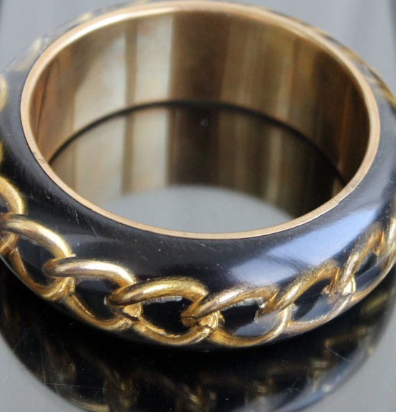 Vintage black gold chunky funky bangle bracelet L… - image 1