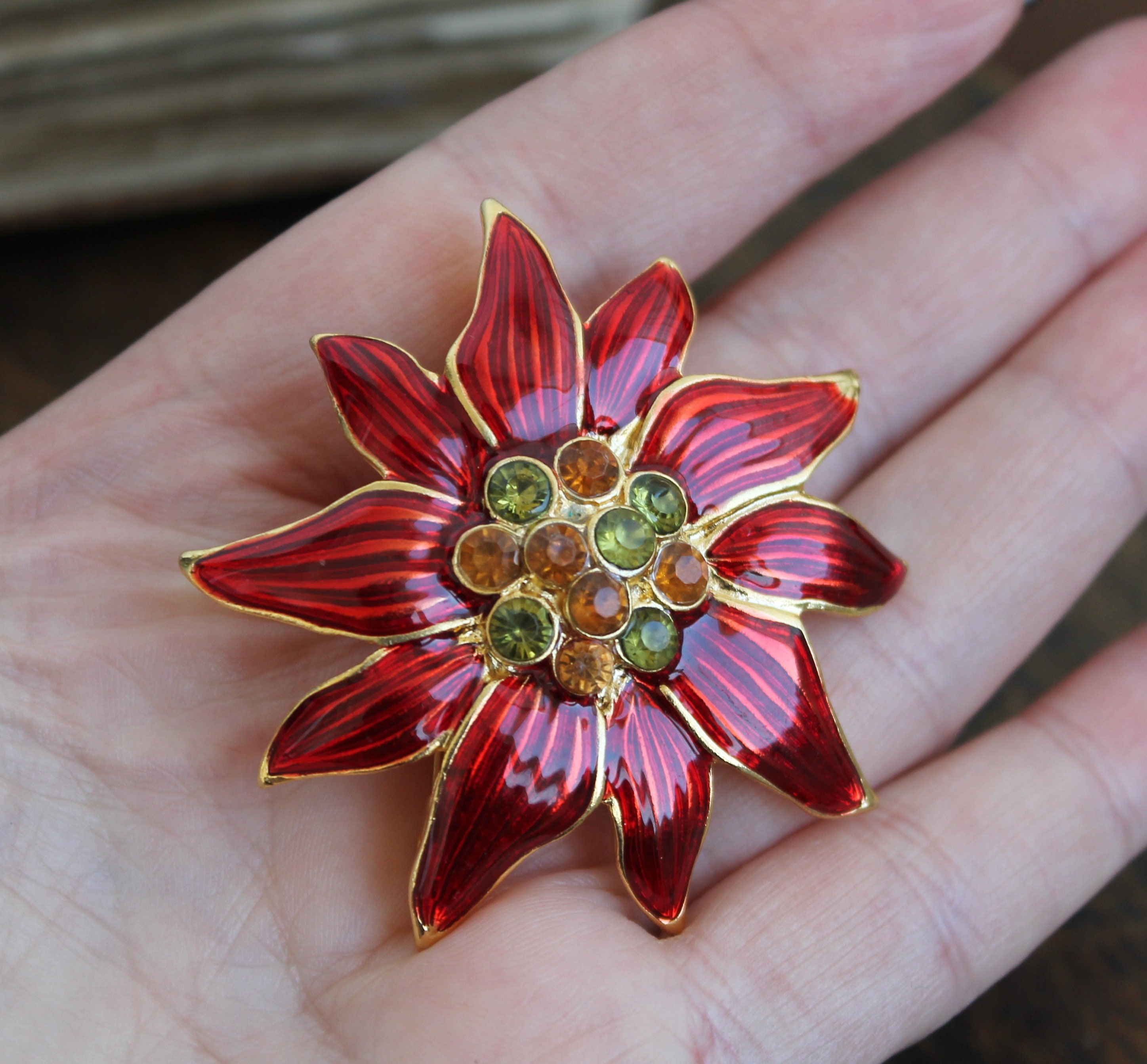 赤い花形ブローチ　Vintage poinsettia brooch Vintage Christopher Radko Poinsettia Brooch Mid Century