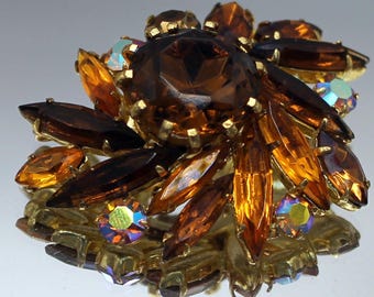 Vintage rhinestone brown topaz brooch Orange crystal swirl soviet brooch Ussr jewelry gift for grammy
