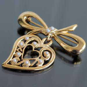 Vintage bow brooch with charm heart Bow jewelry gift for wife  Pearl gold heart pin