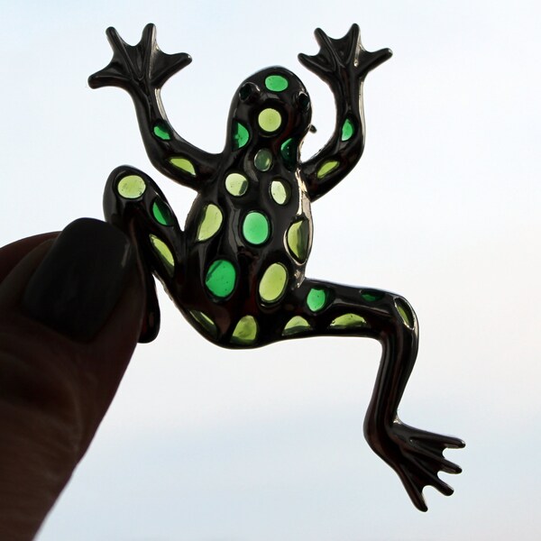 Broche grenouille vintage avec des taches claires, des yeux en strass, des épingles de crapaud, des bijoux pour adolescents Goblincore, argentés