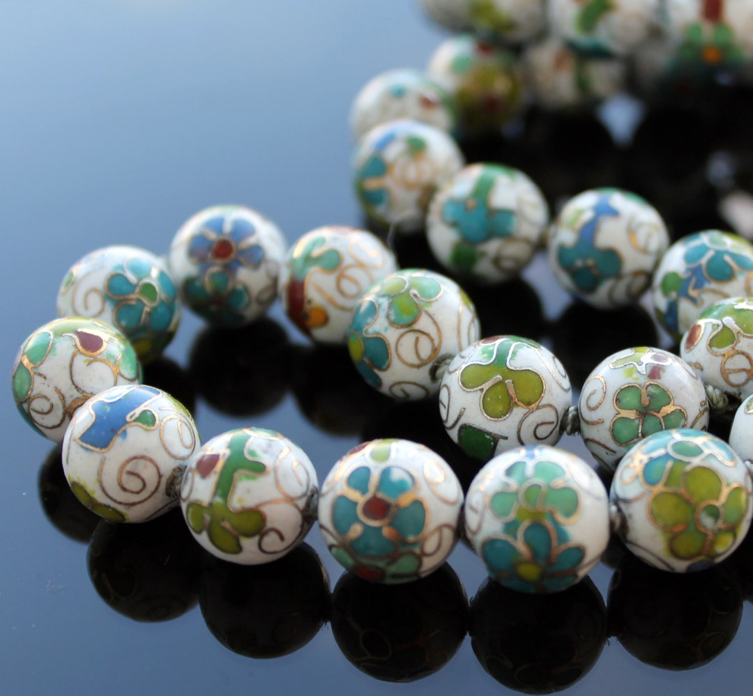 Vintage Cloisonne Beads Necklace White Blue Green Enamel Bead Etsy