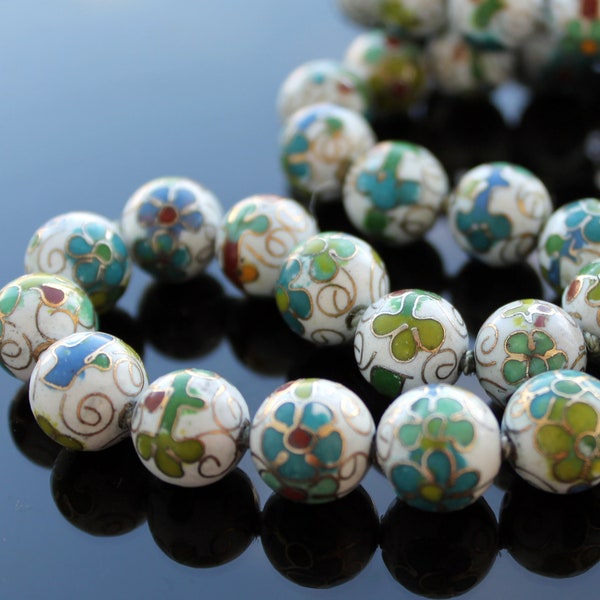 Vintage cloisonne beads necklace White blue green enamel bead necklace for women Flowers jewelry gift for grammy