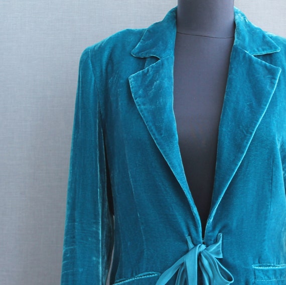 Vintage turquoise silk blend velvet jacket with t… - image 1