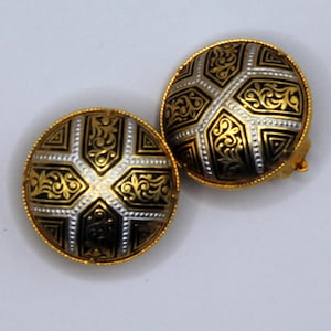 Vintage Damascene clips Gold black round button clip on earrings Spanish costume jewelry