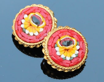 Vintage italian micro mosaic clip on earrings Red gold flower round earrings  Floral jewelry gift for mom