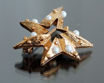 Vintage estrella pin Tiny perla broche de oro firmado STAR Celestial joyería
