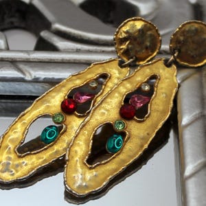 Vintage JJ Jonette earrings Brushed gold hammered oval rhinestones abstract dangle drop earrings Modernist jewelry