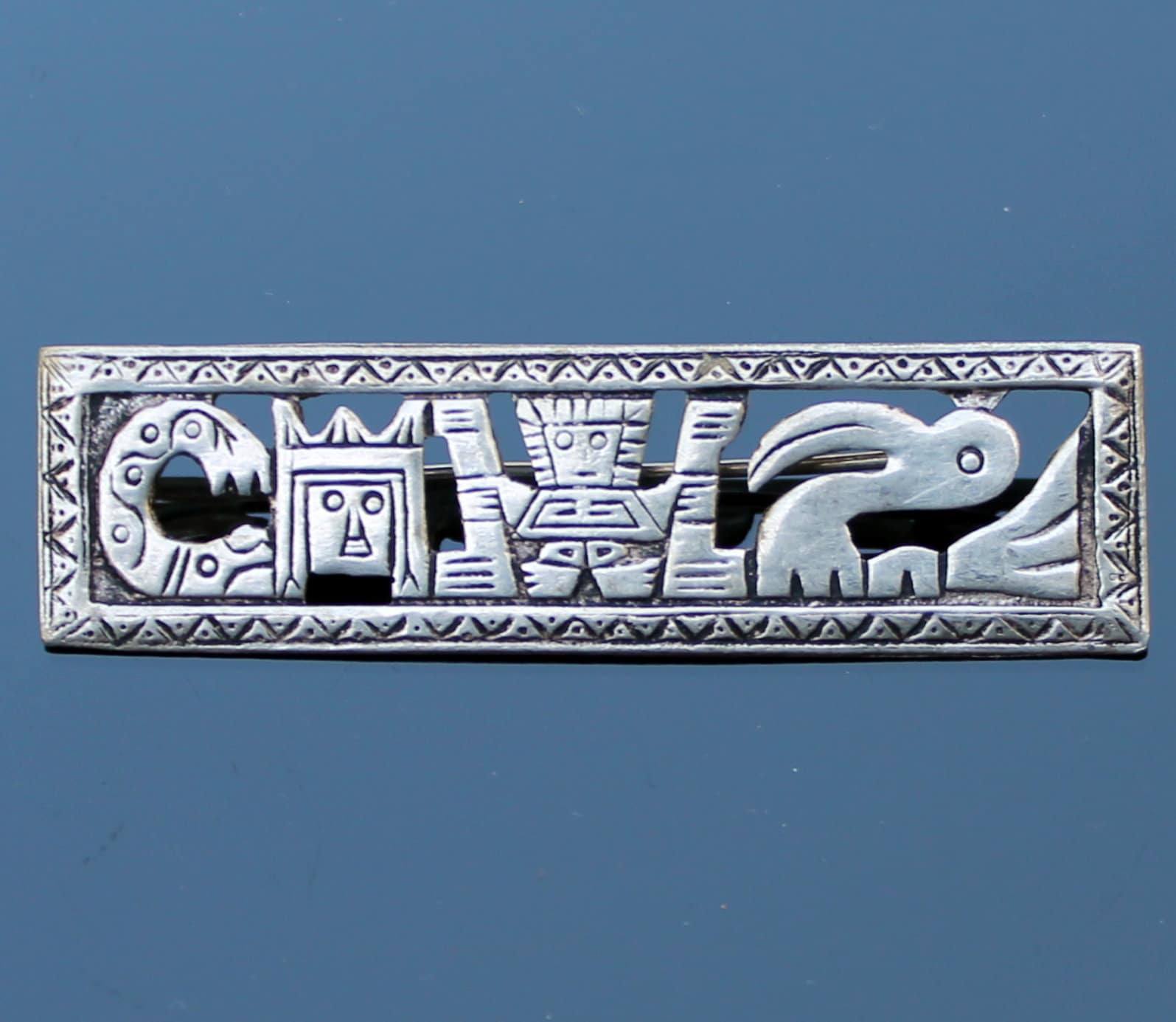 Vintage Mexican sterling silver Aztec brooch Rectangle bar pin Mayan jewelry gift for men