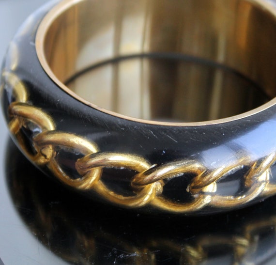 Vintage black gold chunky funky bangle bracelet L… - image 2