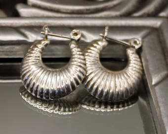 Vintage sterling silver ribbed puff hoop earrings Mid Century costume jewelry Huggie hoops pierced earrings for women