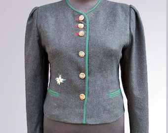 Vintage wool trachten jacket for women size L Grey green dirndl cropped blazer with embroidered edelweiss Folk bavarian clothing