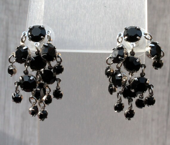 Vintage cha cha earrings Black rhinestone chandelier earrings silver tone Jewelry gift for sister in law View 3
