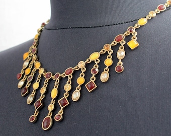 Vintage orange yellow gold rhinestone chandelier choker Autumn necklace Costume jewelry gift for mom