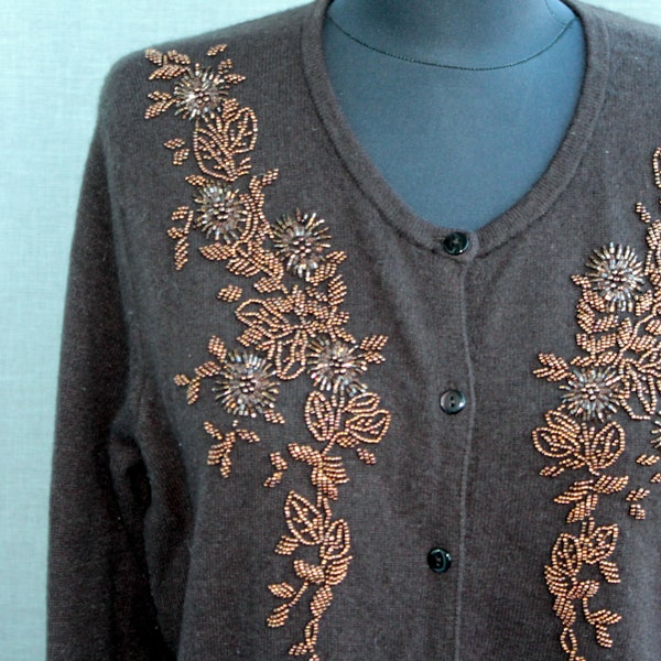 Vintage brown embroidery beaded cardigan size L by Laura Ashley Lambswool sweater women Retro clothing gift for grammy
