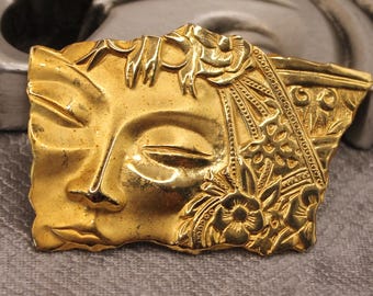 Vintage Jj Jonette Brooch Gold Lady Face Brooches Art