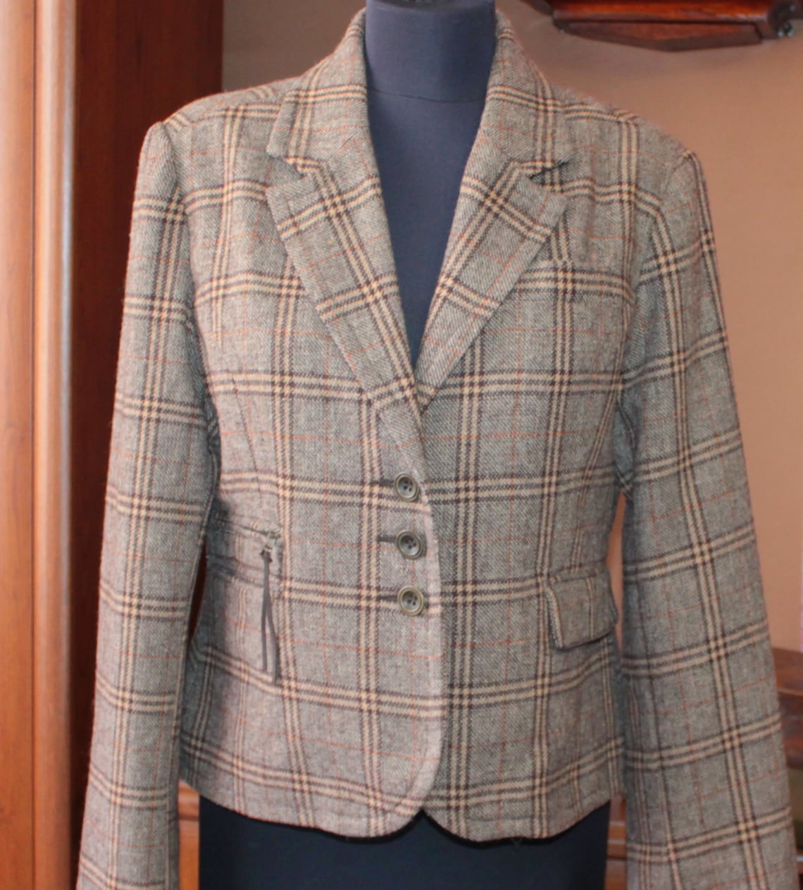 Brown plaid cropped blazer women Vintage brown wool jacket | Etsy