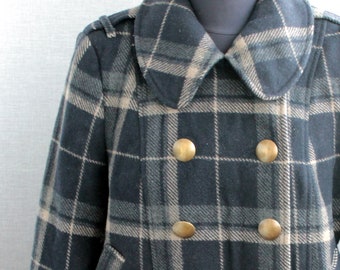 ヴィンテージウールチェック柄ジャケット レディース Lサイズ グレーベージュコート ダークアカデミア服 ショートブレザー