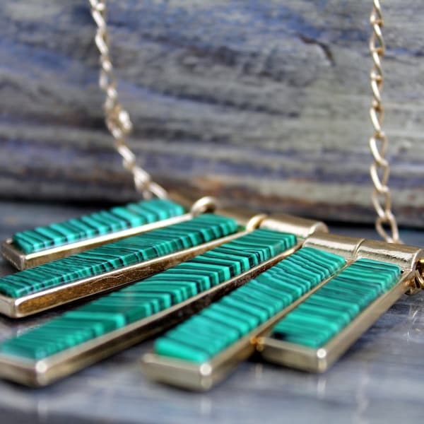 Vintage graduated geometric malachite necklace 19 inch St Patricks day gift for women Emerald green gold rectangle pendant necklace