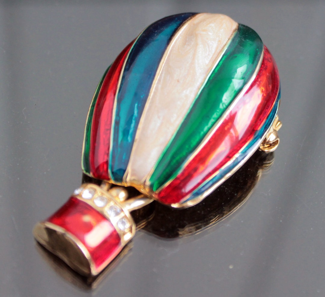 Vintage Rhinestone Hot Air Balloon Drooch Red Green Blue White Aerostat ...