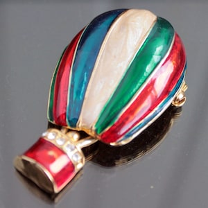 Vintage rhinestone hot air balloon drooch Red green blue white aerostat enamel pin Articulated jewelry gift for friend