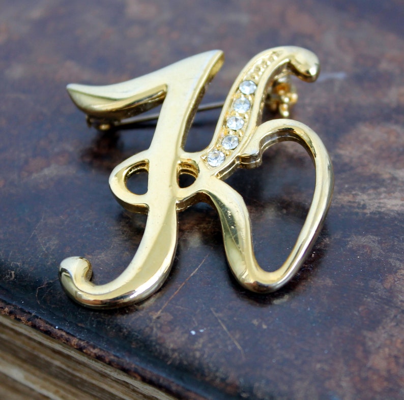 Vintage Letter K Rhinestone Initial Brooch Pin Gold Tone Costume ...