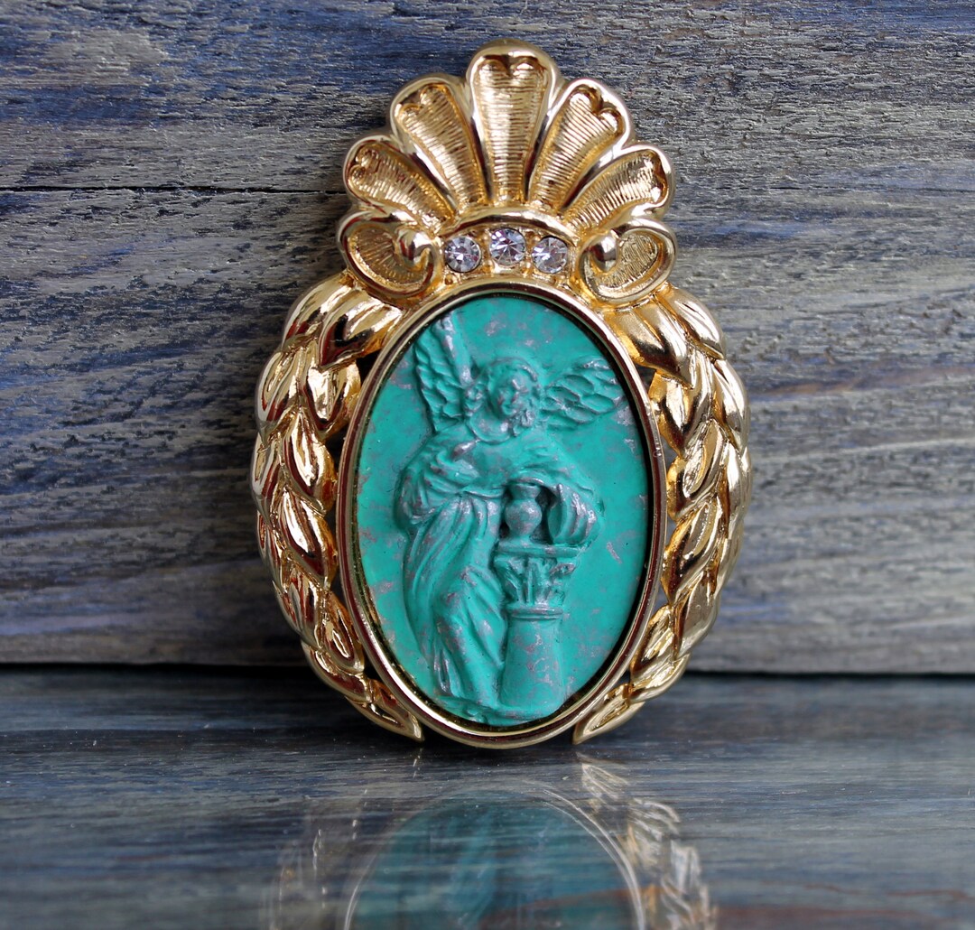 Vintage GIOVANNI TORLONIA Cameo Angel Brooch With Green Patina - Etsy