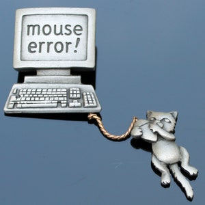Vintage signed JJ Jonette pewter cat brooch Mouse error cat and computer pin with charms Gamer jewelry gift