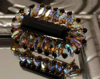 Vintage black ab crystal brooch Rhinestone rectangular broochs Retro jewelry gift for mom
