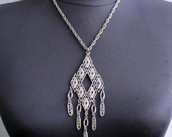 Vintage rhombus chainmail necklace Big chandelier pendant Large silver medallion Geometric jewelry for women