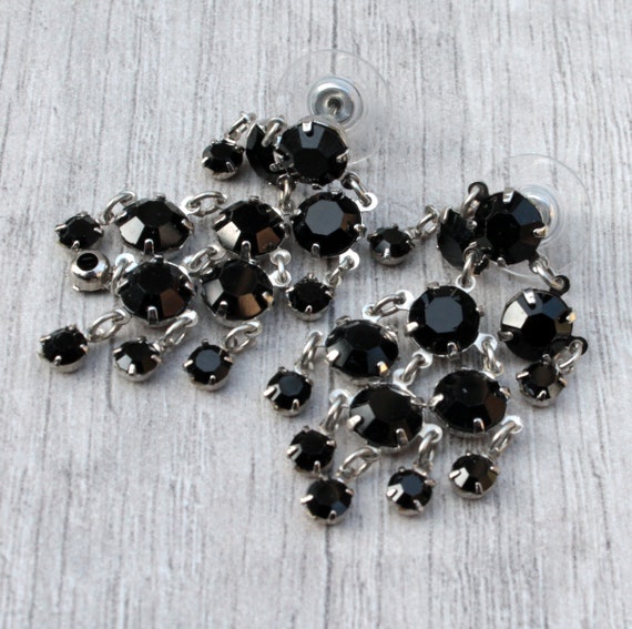 Vintage cha cha earrings Black rhinestone chandelier earrings silver tone Jewelry gift for sister in law View 2