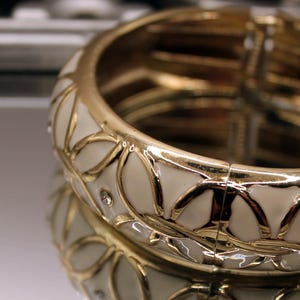 Vintage rhinestone enamel geometric hinged bangle bracelet gold tone White wide clamper cuff bracelet Modernist jewelry gift for women