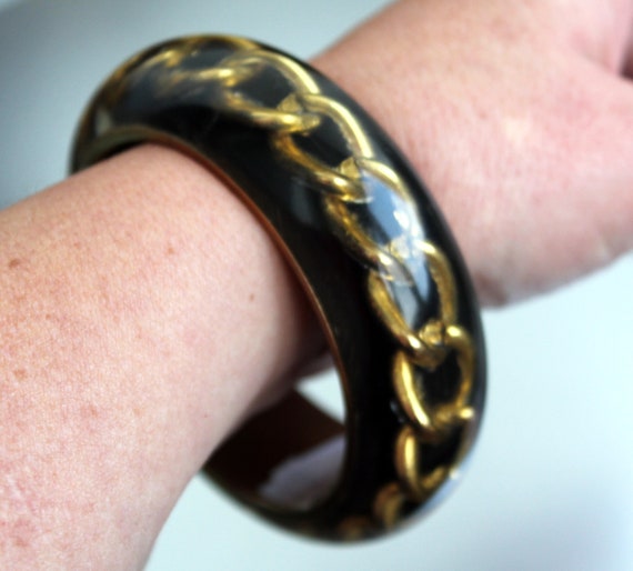 Vintage black gold chunky funky bangle bracelet L… - image 3