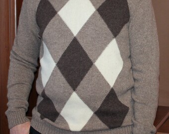 Vintage wool pullover men size M-L Fathers day gift for grandpa Y2k brown beige argyle sweater