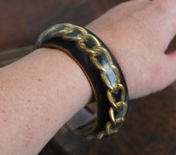 Vintage black gold chunky funky bangle bracelet L… - image 5