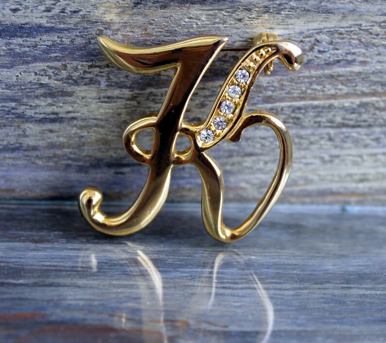 Vintage Letter K Rhinestone Initial Brooch Pin Gold Tone Costume ...