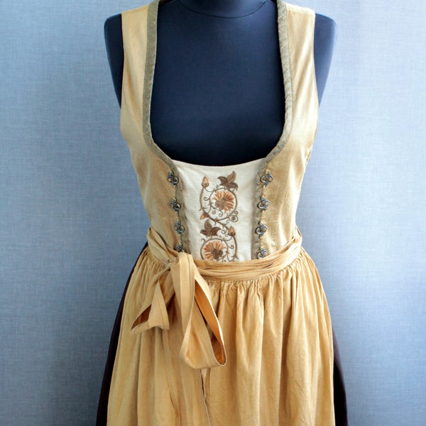 Vintage silk dirndl dress long size M Austrian Oktoberfest clothing women Golden brown with embroidered flowers trachten dress with apron