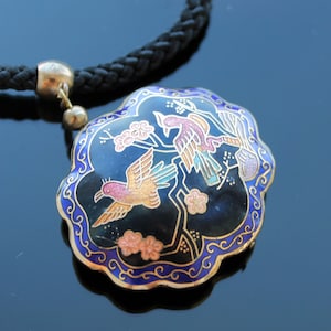 Vintage cloisonne enamel pendant Black blou bird and flower puffy necklace Flowers jewelry gift for grammy