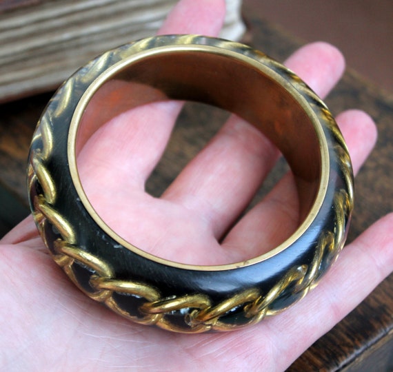 Vintage black gold chunky funky bangle bracelet L… - image 4